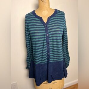 Anthropologie 9-H15 navy  blue and green striped peplum top size medium